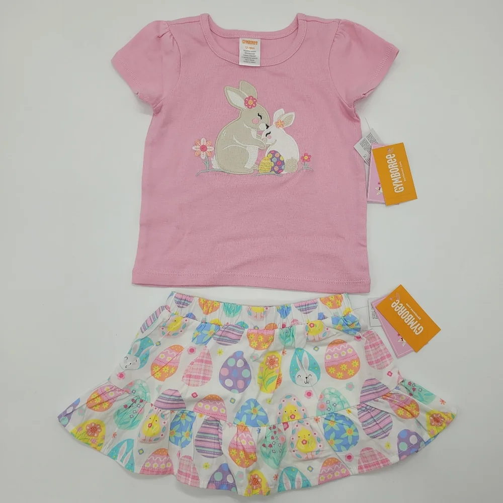 Gymboree Outfit Pink Bunny Tee Colorful Egg Skirt Embroidered Size 12-18mo NEW